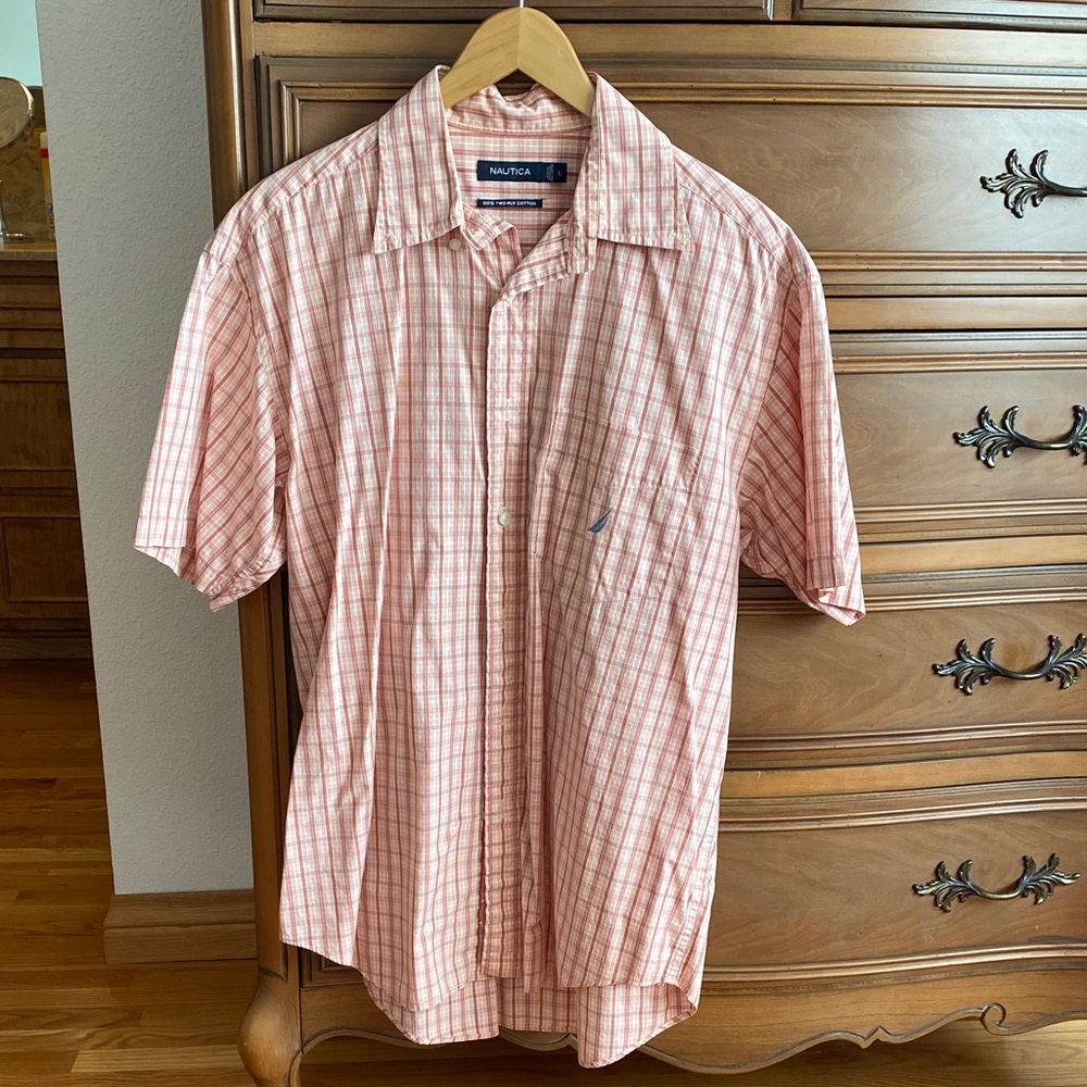 Nautica Men’s Short-Sleeve Pink Plaid Button-Down Shirt